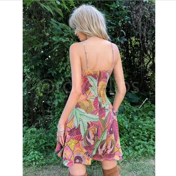 Floral Print Boho Cami Mini Dress V-Neck Lace Detail Tie Front - Picture 6 of 9